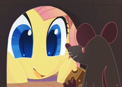 Size: 1024x735 | Tagged: safe, artist:docwario, character:fluttershy, species:pegasus, species:pony, cheese, colored pupils, cute, female, food, mouse, mouse hole, open mouth, shyabetes, solo