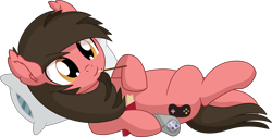 Size: 9370x4715 | Tagged: safe, artist:cyanlightning, oc, oc only, oc:ace play, species:earth pony, species:pony, .svg available, absurd resolution, commission, controller, food, male, mouth hold, on back, pillow, pocky, simple background, solo, stallion, super nintendo, transparent background, vector