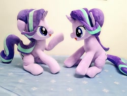 Size: 1024x768 | Tagged: safe, artist:nekokevin, character:starlight glimmer, species:pony, species:unicorn, series:nekokevin's glimmy, duality, duo, female, imminent boop, irl, looking at each other, mare, open mouth, photo, plushie, ponidox, raised hoof, self ponidox, sitting, smiling