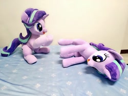 Size: 1024x768 | Tagged: safe, artist:nekokevin, character:starlight glimmer, species:pony, species:unicorn, series:nekokevin's glimmy, duality, duo, female, hooves together, irl, lying down, mare, open mouth, photo, plushie, ponidox, raised hoof, self ponidox, sitting, smiling