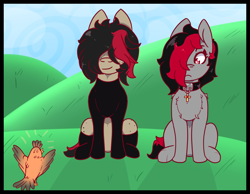 Size: 1340x1040 | Tagged: safe, artist:lazerblues, oc, oc only, oc:miss eri, oc:xtacy, species:bird, species:earth pony, species:pony, chest fluff, choker, clothing, duo, female, freckles, hair over eyes, hair over one eye, mare, shirt, socks