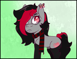 Size: 1320x1020 | Tagged: safe, artist:lazerblues, oc, oc only, oc:miss eri, species:earth pony, species:pony, bags under eyes, butterfly, clothing, scarf, socks, solo, thigh highs