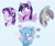 Size: 1920x1624 | Tagged: safe, artist:chub-wub, character:maud pie, character:starlight glimmer, character:trixie, character:twilight sparkle, character:twilight sparkle (alicorn), species:alicorn, species:earth pony, species:pony, species:unicorn, ship:mauxie, ship:startrix, ship:twixie, blue background, blushing, female, floppy ears, heart, horn, lesbian, letter, love letter, mare, redraw, shipping, simple background, trixie gets all the mares