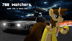 Size: 3800x2160 | Tagged: safe, artist:ejlightning007arts, oc, oc only, oc:ej, species:alicorn, species:pony, 700, alicorn oc, back to the future, car, clothing, crossover, delorean, deviantart, fire, horn, necktie, open door, thunderstorm, time machine, trenchcoat, watch, wings