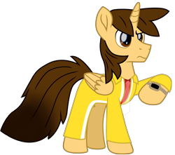 Size: 10322x9142 | Tagged: safe, artist:ejlightning007arts, oc, oc only, oc:ej, species:alicorn, species:pony, alicorn oc, back to the future, clothing, cosplay, costume, crossover, doc brown, horn, male, necktie, raised hoof, simple background, stallion, transparent background, trenchcoat, vector, watch, wings
