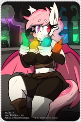 Size: 498x749 | Tagged: safe, alternate version, artist:bbsartboutique, oc, oc only, oc:blood moon, species:anthro, species:bat pony, bat pony oc, bat wings, belly button, blind eye, bottle, clothing, open mouth, potion, text, wings