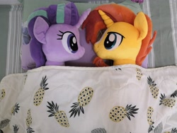 Size: 4608x3456 | Tagged: safe, artist:nekokevin, character:starlight glimmer, character:sunburst, species:pony, species:unicorn, ship:starburst, bed, blanket, female, irl, male, photo, plushie, shipping, straight