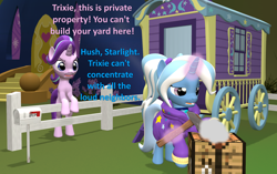 Size: 1716x1080 | Tagged: safe, artist:red4567, character:starlight glimmer, character:trixie, newbie artist training grounds, 3d, alternate hairstyle, angry, atg 2020, babysitter trixie, clothing, fence, hammer, hoodie, mailbox, source filmmaker, trixie's wagon, twilight's castle