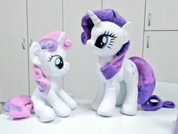 Size: 1024x768 | Tagged: safe, artist:nekokevin, character:rarity, character:sweetie belle, species:pony, species:unicorn, belle sisters, duo, female, filly, irl, mare, photo, plushie, siblings, sisters, sitting, smiling