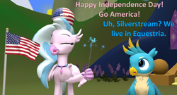 Size: 1762x952 | Tagged: safe, artist:red4567, character:gallus, character:silverstream, species:griffon, species:hippogriff, newbie artist training grounds, 3d, american flag, atg 2020, chest fluff, claw hold, independence day, jewelry, necklace, polandball, sitting, source filmmaker, sparkler, united states