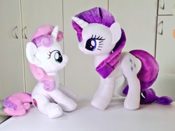 Size: 1024x768 | Tagged: safe, artist:nekokevin, character:rarity, character:sweetie belle, species:pony, species:unicorn, belle sisters, cute, diasweetes, duo, female, filly, irl, looking at each other, mare, photo, plushie, raribetes, siblings, sisters, sitting
