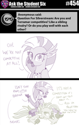 Size: 800x1258 | Tagged: safe, artist:sintakhra, character:silverstream, character:terramar, species:classical hippogriff, species:hippogriff, tumblr:studentsix, 2 panel comic, ask, brother and sister, comic, female, jewelry, looking at each other, looking at you, male, necklace, siblings, sitting, sitting on person, stair keychain, terramar is not amused, unamused