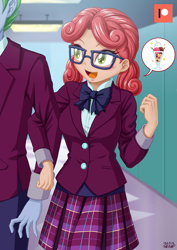 Size: 707x1000 | Tagged: safe, artist:uotapo, my little pony:equestria girls, alizarin bubblegum, alizary, celery stalk, clothing, crystal prep academy, crystal prep academy uniform, cute, female, female focus, glasses, linked arms, lockers, male, offscreen character, open mouth, plaid skirt, pleated skirt, school uniform, shipping, skirt, solo focus, straight