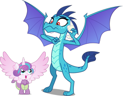 Size: 4501x3511 | Tagged: safe, artist:cyanlightning, artist:frownfactory, artist:kimberlythehedgie, edit, editor:slayerbvc, character:princess ember, character:princess flurry heart, species:alicorn, species:dragon, species:pony, episode:triple threat, g4, my little pony: friendship is magic, .svg available, :s, animal costume, baby, baby pony, bipedal, clothing, colored wings, costume, dragon costume, female, filly, footed sleeper, footie pajamas, happy, looking up, multicolored wings, pajamas, red eyes, simple background, solo, spread wings, svg, transparent background, vector, vector edit, wavy mouth, wings, zipper