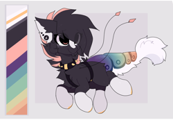 Size: 1856x1284 | Tagged: safe, artist:little-sketches, oc, oc:kaiyo, chest fluff, closed species, collar, color palette, ear fluff, ear piercing, eye clipping through hair, female, original species, piercing, reference sheet, spiked collar, suisei pony