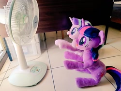 Size: 1024x768 | Tagged: safe, artist:nekokevin, character:starlight glimmer, character:twilight sparkle, character:twilight sparkle (unicorn), species:pony, species:unicorn, series:nekokevin's glimmy, duo, fan, female, hooves in air, irl, looking at something, looking up, mare, open mouth, photo, plushie, ponies in real life, raised hoof, sitting, smiling
