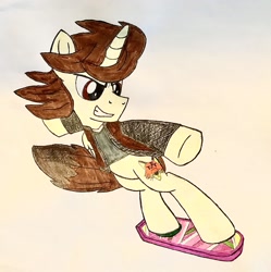 Size: 3015x3024 | Tagged: safe, artist:ejlightning007arts, oc, oc only, oc:ej, species:alicorn, species:pony, alicorn oc, back to the future, clothing, horn, hoverboard, jacket, male, shirt, stallion, traditional art, wavy mane, wings