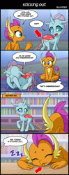 Size: 800x2020 | Tagged: safe, artist:uotapo, character:ocellus, character:smolder, species:changeling, species:dragon, species:reformed changeling, 4koma, blep, blushing, butt, comic, confused, covering eyes, cute, diaocelles, embarrassed, mlem, ocellass, onomatopoeia, plot, silly, silly dragon, sleeping, smolderbetes, sound effects, tongue out, translation, wings, zzz