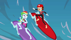 Size: 3500x1968 | Tagged: safe, artist:doraair, artist:user15432, base used, character:rainbow dash, species:human, episode:blue crushed (a.k.a baewatch), episode:surf and/or turf, g4, my little pony: equestria girls, my little pony: friendship is magic, my little pony:equestria girls, barefoot, barely eqg related, cap, clothing, crossover, equestria girls style, equestria girls-ified, feet, female, gloves, grin, hat, looking at each other, male, maridash, mario, mario & sonic, mario & sonic at the olympic games, mario & sonic at the olympic games tokyo 2020, mario and sonic, mario and sonic at the olympic games, mario's hat, nintendo, open mouth, smiling, super mario bros., surfboard, surfer, surfing, swimsuit, wave, wetsuit