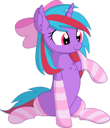 Size: 6619x7679 | Tagged: safe, artist:cyanlightning, oc, oc:cosmic spark, species:pony, species:unicorn, bow, clothing, female, hair bow, mare, simple background, sitting, socks, solo, stockings, thigh highs, transparent background, vector