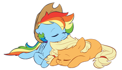 Size: 4393x2520 | Tagged: safe, artist:chub-wub, character:applejack, character:rainbow dash, species:earth pony, species:pegasus, species:pony, ship:appledash, accessory theft, applejack's hat, clothing, cowboy hat, cute, dashabetes, ear piercing, earring, eyes closed, female, hat, jackabetes, jewelry, lesbian, mare, piercing, shipping, simple background, sleeping, transparent background