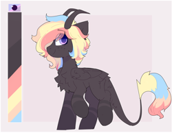 Size: 1892x1468 | Tagged: safe, artist:little-sketches, oc, oc:radiant dreams, parent:oc:akatsuki, parent:oc:rainbow dreams, parents:oc x oc, species:pegasus, species:pony, chest fluff, color palette, ear fluff, eye clipping through hair, horn, leonine tail, male, multicolored hair, offspring, rainbow hair, reference sheet, simple background