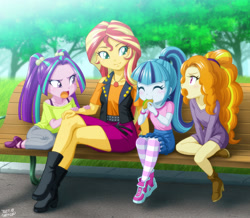Size: 1200x1045 | Tagged: safe, artist:uotapo, character:adagio dazzle, character:aria blaze, character:sonata dusk, character:sunset shimmer, my little pony:equestria girls, adoragio, age regression, ariabetes, babysitting, bench, child, children, cute, eating, eyes closed, female, food, geode of empathy, kid, magical geodes, mama sunset, open mouth, park, park bench, shimmerbetes, sitting, sonatabetes, sonataco, taco, that girl sure loves tacos, the dazzlings, tree, uotapo is trying to murder us, weapons-grade cute, younger