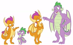 Size: 1920x1192 | Tagged: safe, artist:chub-wub, character:smolder, character:spike, species:dragon, :/, crossed arms, dragoness, drake, fangs, female, growth spurt, height difference, implied spolder, older, older smolder, older spike, one eye closed, simple background, white background, winged spike, wink