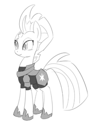 Size: 496x698 | Tagged: safe, artist:sintakhra, character:fizzlepop berrytwist, character:tempest shadow, species:pony, species:unicorn, tumblr:studentsix, armor, broken horn, clothing, colorless, cropped, cute, female, horn, mare, monochrome, shoes, simple background, smiling, solo, tumblr, when she smiles, white background
