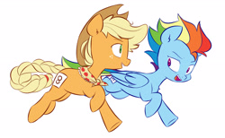 Size: 2565x1579 | Tagged: safe, artist:chub-wub, character:applejack, character:rainbow dash, species:earth pony, species:pegasus, species:pony, episode:the last problem, g4, my little pony: friendship is magic, alternate hairstyle, applejack's hat, clothing, cowboy hat, duo, female, freckles, handkerchief, hat, mare, older, older applejack, older rainbow dash, open mouth, racing, raised hoof, raised leg, simple background, underhoof, white background
