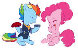 Size: 2547x1584 | Tagged: safe, artist:chub-wub, character:pinkie pie, character:rainbow dash, species:earth pony, species:pegasus, species:pony, episode:the last problem, g4, my little pony: friendship is magic, alternate hairstyle, clothing, eyes closed, female, hoof hold, jacket, laughing, mare, missing cutie mark, older, older pinkie pie, older rainbow dash, open mouth, simple background, sitting, white background, whoopee cushion