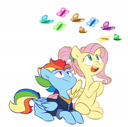 Size: 2335x2316 | Tagged: safe, artist:chub-wub, character:fluttershy, character:rainbow dash, species:pegasus, species:pony, episode:the last problem, g4, my little pony: friendship is magic, alternate hairstyle, butterfly, clothing, female, jacket, mare, missing cutie mark, older, older fluttershy, older rainbow dash, open mouth, simple background, sitting, white background