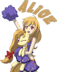 Size: 2513x3130 | Tagged: safe, artist:zacatron94, oc, oc:alice goldenfeather, species:human, species:pegasus, species:pony, cheerleader outfit, clothing, holding a pony, human ponidox, humanized, one eye closed, ponidox, self ponidox, simple background, transparent background, wink