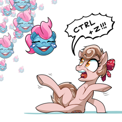 Size: 3150x3150 | Tagged: safe, artist:docwario, character:cup cake, oc, oc:cinnamon spangled, species:earth pony, species:pony, bow, ctrl z, dialogue, emoji, female, laughing, mare, meme, scared, screaming, shaking, terrified, undo