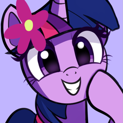 Size: 879x879 | Tagged: safe, artist:cyanlightning, artist:sadtrooper, character:twilight sparkle, species:pony, bust, cute, female, flower, flower in hair, hoof on cheek, looking at you, mare, portrait, purple background, simple background, smiling, solo, twiabetes