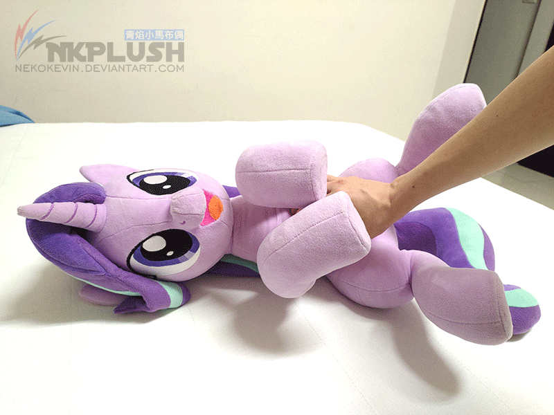 Size: 800x600 | Tagged: safe, artist:nekokevin, character:starlight glimmer, species:human, species:pony, species:unicorn, series:nekokevin's glimmy, animated, bellyrubs, cute, daily dose of pony cuteness, female, gif, glimmerbetes, hand, irl, irl human, lying down, mare, nekokevin is trying to murder us, offscreen character, open mouth, photo, plushie, smiling, solo focus, tickling, watermark