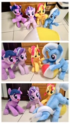 Size: 576x1024 | Tagged: safe, artist:nekokevin, character:starlight glimmer, character:sunset shimmer, character:trixie, character:twilight sparkle, character:twilight sparkle (unicorn), species:pony, species:unicorn, series:nekokevin's glimmy, bipedal, faceplant, female, holding, irl, looking at you, magical quartet, mare, open mouth, photo, plushie, sitting, smiling, underhoof