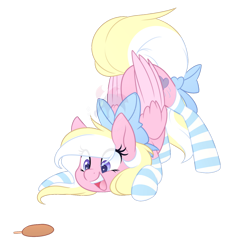 Size: 1280x1368 | Tagged: safe, artist:scarlet-spectrum, oc, oc only, oc:bay breeze, species:pegasus, species:pony, artist name, ass up, blonde mane, bow, clothing, commission, corn, corndog, cute, cutie mark, dawwww, eyelashes, face down ass up, female, food, full body, happy, lightly watermarked, looking at something, mane bow, mare, ocbetes, open mouth, pink body, purple eyes, sausage, simple background, socks, solo, striped socks, tail bow, transparent background, two toned mane, two toned tail, watermark