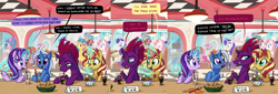 Size: 13572x4609 | Tagged: safe, artist:docwario, character:fizzlepop berrytwist, character:lemon hearts, character:minuette, character:moondancer, character:rarity, character:starlight glimmer, character:sunset shimmer, character:sweetie belle, character:tempest shadow, character:trixie, character:twinkleshine, species:pony, species:unicorn, g4, absurd resolution, broken horn, comic, counterparts, cute, dialogue, diner, female, food, horn, ice cream, inconvenient trixie, mare, reformed unicorn meeting, sad, sadorable, sweetie belle is not amused, teary eyes, twilight's counterparts, unamused, wavy mouth