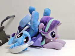 Size: 1024x768 | Tagged: safe, artist:nekokevin, character:starlight glimmer, character:trixie, species:pony, species:unicorn, series:nekokevin's glimmy, g4, duo, female, irl, lying down, mare, open mouth, photo, plushie, smiling, upside down