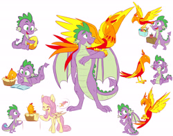Size: 6900x5415 | Tagged: safe, artist:chub-wub, character:fluttershy, character:peewee, character:spike, species:dragon, species:pegasus, species:phoenix, species:pony, episode:molt down, g4, my little pony: friendship is magic, absurd resolution, basket, book, cute, dialogue, duo focus, egg, female, male, mare, molting, older, older spike, open mouth, peewee, peeweebetes, phoenix egg, pictogram, prone, reading, shyabetes, simple background, speech bubble, spikabetes, sweat, sweatdrop, what could have been, white background, winged spike