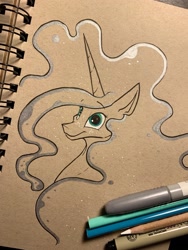 Size: 1536x2048 | Tagged: safe, artist:greyscaleart, character:princess luna, species:alicorn, species:pony, g4, bust, constellation freckles, female, freckles, mare, partial color, solo, traditional art