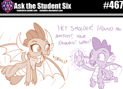 Size: 800x579 | Tagged: safe, artist:sintakhra, character:smolder, character:spike, species:dragon, tumblr:studentsix, g4, amethyst, bandana, cute, drool, gem, smolderbetes, spikabetes, tongue out, winged spike