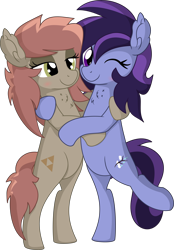 Size: 6038x8679 | Tagged: safe, artist:cyanlightning, oc, oc:atari, oc:raven storm, g4, .svg available, absurd resolution, bipedal, blinking, duo, female, hug, lesbian, lidded eyes, looking at each other, shipping, simple background, transparent background, vector