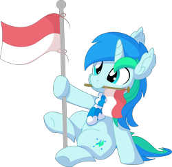 Size: 6511x6359 | Tagged: safe, artist:cyanlightning, oc, oc:cyan lightning, species:pony, species:unicorn, g4, .svg available, absurd resolution, colt, flag, flag pole, indonesia, indonesian, indonesian independence day, male, mouth hold, simple background, sitting, solo, transparent background, vector