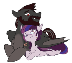 Size: 3007x2646 | Tagged: safe, artist:chub-wub, oc, oc only, oc:antique rose, oc:slate breaker, species:bat pony, species:pony, g4, bat pony oc, bat wings, beard, commission, couple, digital art, facial hair, fangs, female, glasses, grandparents, husband and wife, lying down, male, mare, married, married couple, nuzzling, oc x oc, one eye closed, prone, red eyes, scar, shipping, simple background, slit eyes, smiling, stallion, straight, transparent background, wings