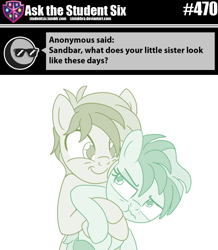 Size: 800x918 | Tagged: safe, artist:sintakhra, character:sandbar, species:pony, tumblr:studentsix, g4, adorable face, annoyed, brother and sister, coral currents, cute, dawwww, female, filly, hug, male, older, sandabetes, siblings