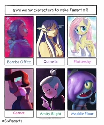 Size: 900x1076 | Tagged: safe, artist:grissaecrim, character:fluttershy, species:pegasus, species:pony, g4, amity blight, amphibia, barriss offee, crossover, female, frog, garnet (steven universe), maddie flour, mare, mirialan, quinella, raised hoof, six fanarts, star wars, star wars: the clone wars, steven universe, sword art online, the owl house