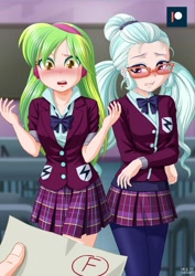 Size: 707x1000 | Tagged: safe, artist:uotapo, edit, editor:gatogordo1, character:lemon zest, character:sugarcoat, oc, oc:anon, g4, my little pony:equestria girls, blushing, clenched teeth, clothing, crystal prep academy uniform, cute, f, female, glasses, headphones, human coloration, leggings, open mouth, patreon, patreon logo, pigtails, plaid skirt, pleated skirt, school, school uniform, skirt, sugarcute, twintails, zestabetes