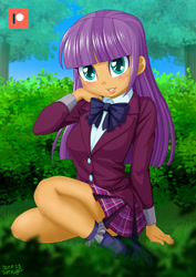 Size: 707x1000 | Tagged: safe, artist:uotapo, character:ginger owlseye, g4, my little pony:equestria girls, blushing, clothing, crystal prep academy uniform, cute, female, legs, looking at you, owlabetes, patreon, patreon logo, plaid skirt, pleated skirt, school uniform, skirt, solo, uotapo is trying to murder us